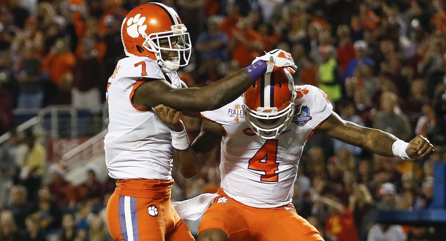 Mike Williams, Deshaun Watson celebrate a touchdown. 