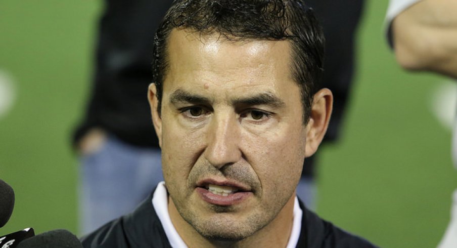 Luke Fickell talks to reporters, but not about the Cincinnati job or hiring Kerry Coombs.
