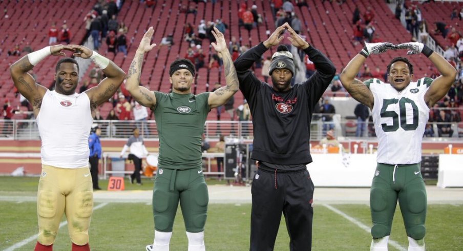 Carlos Hyde, Jalin Marshall, Curtis Grant an Darron Lee rock an O–H–I–O after 49ers–Jets game Sunday.