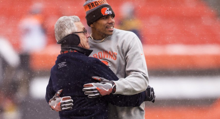 Jim Tressel and Terrelle Pryor prior to the Browns/Bengals game, Dec 2016