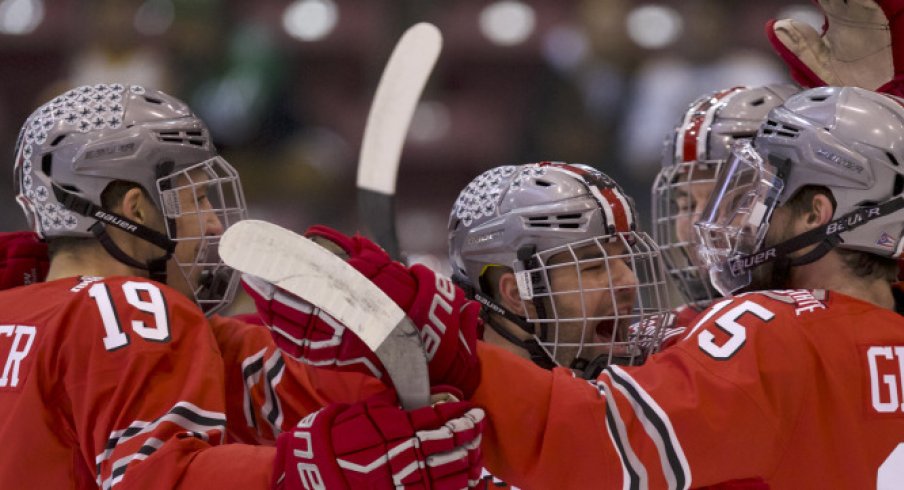 Ohio State men's hockey celebrates in an 8-3 win over Minnesota.