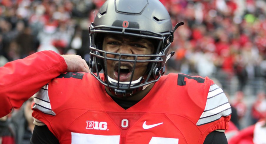 Ohio State left tackle Jamarco Jones celebrates game-winning touchdown against Michigan. 