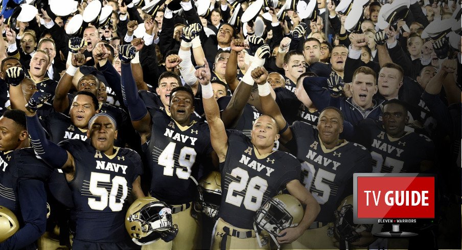 Oct 8, 2016; Annapolis, MD, USA; Navy Midshipmen celebrate on the field after defeating the Houston Cougars 46-40 at Navy Marine Corps Memorial Stadium. Mandatory Credit: Tommy Gilligan-USA TODAY Sports
