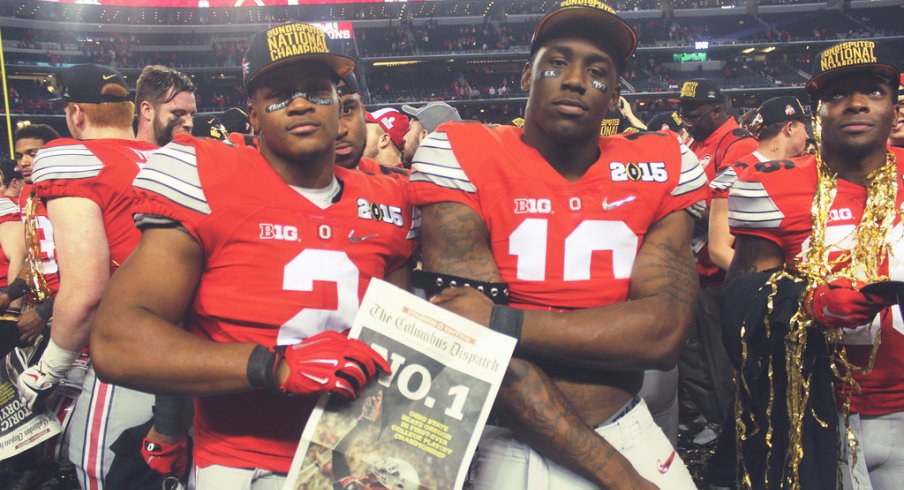 Ohio State's Raekwon McMillan and Jalyn Holmes celebrate the national title in 2014. 