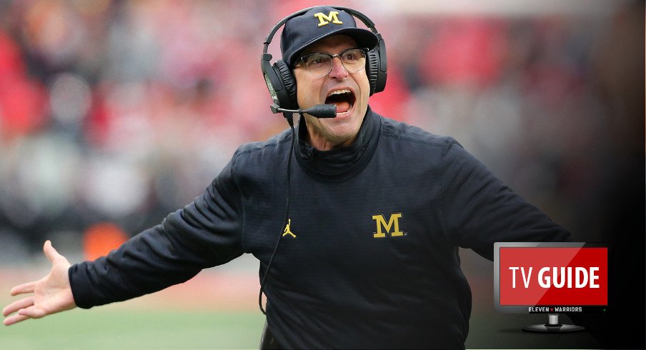 Nov 26, 2016; Columbus, OH, USA; Michigan Wolverines head coach Jim Harbaugh reacts during the third quarter against the Ohio State Buckeyes at Ohio Stadium. Ohio State won 30-27. Mandatory Credit: Joe Maiorana-USA TODAY Sports