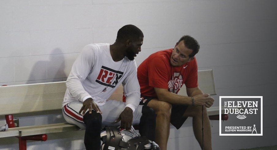 Tim Beck and J.T. Barrett discuss strategy during a practice at Ohio State.