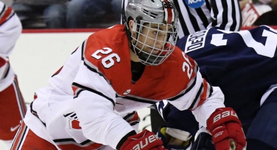 Ohio State forward Mason Jobst skates against Penn State. 