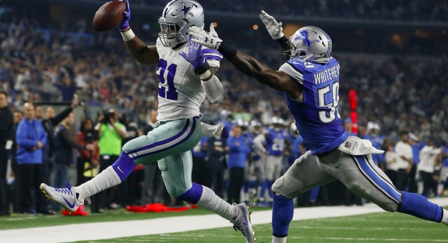 Former Ohio State great Ezekiel Elliott glides into the end zone against the Detroit Lions.