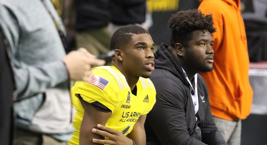 Jeffery Okudah and Marvin Wilson look on at the Army All-American Bowl.