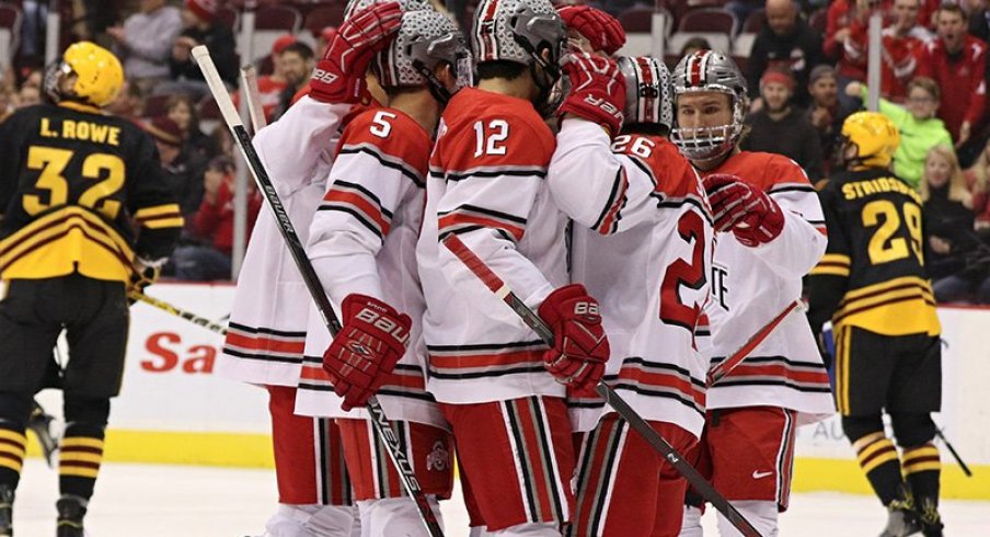 The No. 10 Buckeyes celebrate in a 6-1 win over Arizona State.