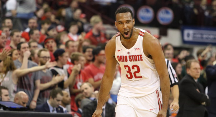 Ohio State center Trevor Thompson celebrates a block against Michigan State.