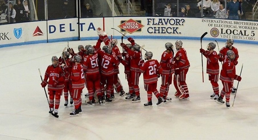 Ohio State Men's Hockey celebrates after stunning No. 1 Penn State