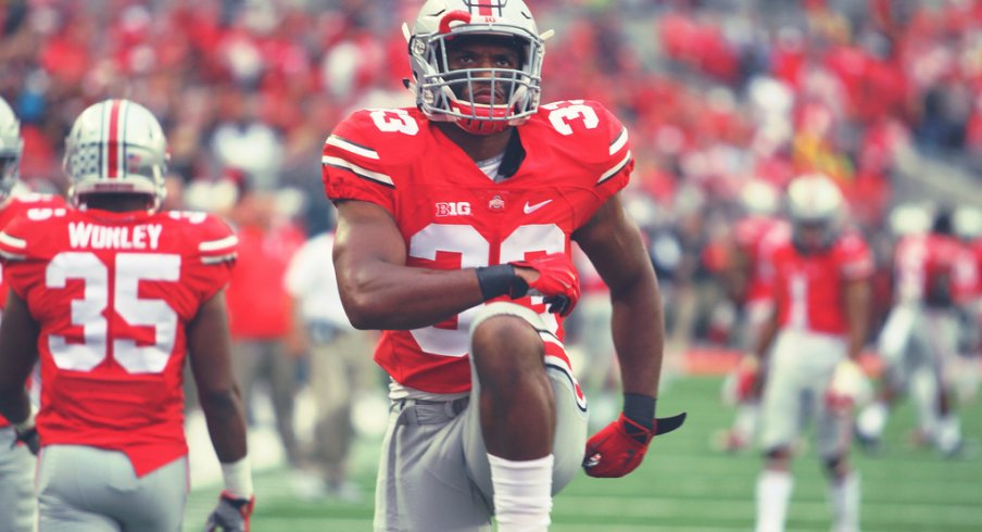 Dante Booker warms up for kick coverage in a 2015 game against Northern Illinois.