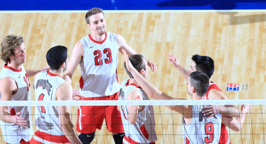 Men's volleyball celebrates after downing Long Beach State for their record-tying 32nd consecutive win.