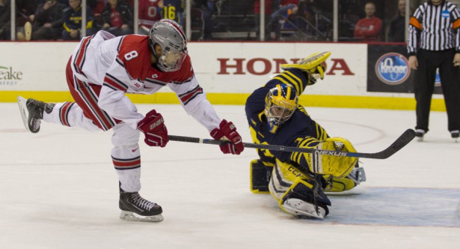 Ohio State forward Dakota Joshua scores a shootout goal against Michigan.