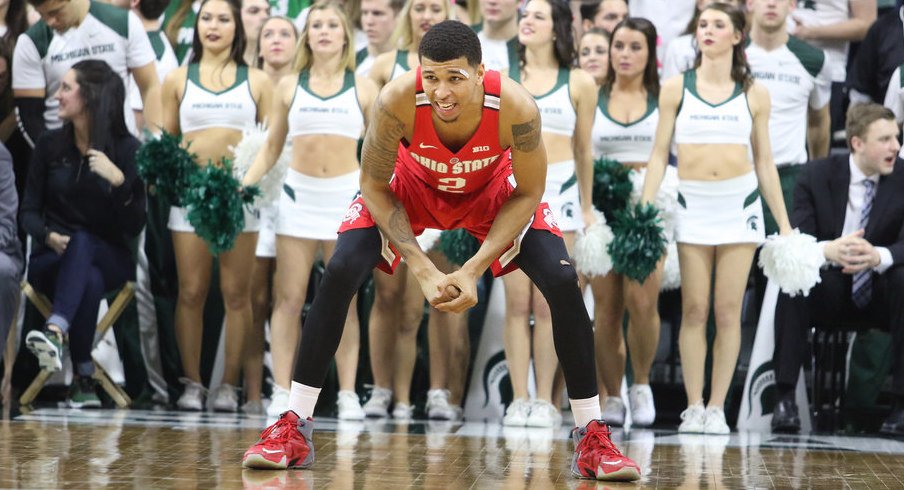 Ohio State's Marc Loving in a defensive stance at Michigan State.
