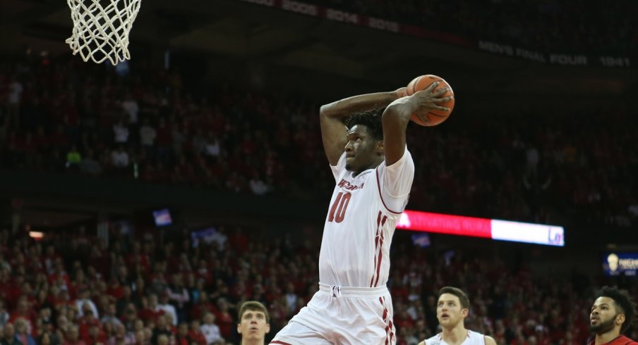 Feb 19, 2017; Madison, WI, USA; Wisconsin Badgers forward Nigel Hayes (10) prepares to dunk the ball at the end of the game with the Maryland Terrapins at the Kohl Center. Hayes later apologized for the dunk during the post-game news conference. Wisconsin defeated Maryland 71-60. Mandatory Credit: Mary Langenfeld-USA TODAY Sports