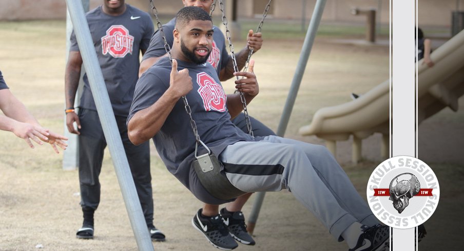 Ohio State linebacker Chris Worley rides a swing for the February 24th 2017 Skull Session
