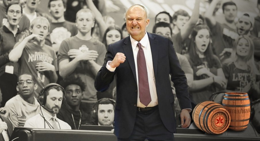 Ohio State coach Thad Matta cheers a made basket in a win against Wisconsin, Feb 2017