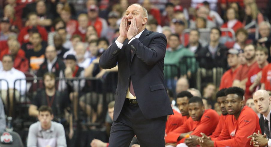 Ohio State head coach Thad Matta screams on the sidelines. 