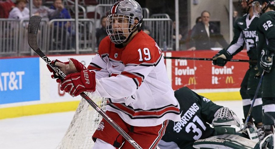 Ohio State's Kevin Miller celebrates a goal against Michigan State.