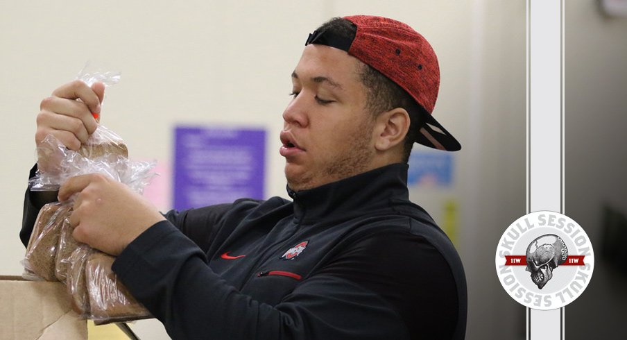 Ohio State offensive lineman Matthew Burrell bags some bread for the March 9th 2017 Skull Session