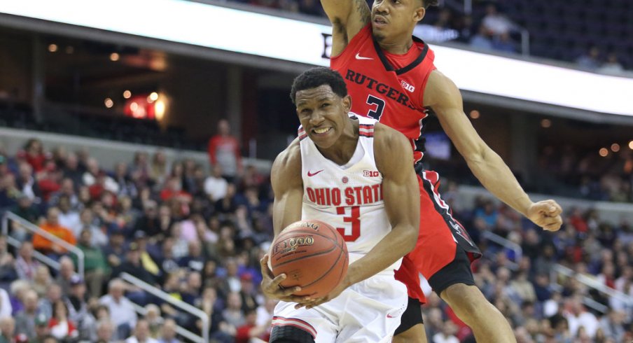 C.J. Jackson grimaces under defensive pressure against Rutgers in the Big Ten Basketball Tournament.