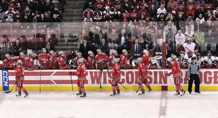 Ohio State men's hockey celebrates a goal against the Wisconsin Badgers. 