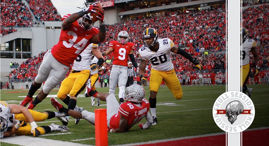 Carlos Hyde dives for the python against Iowa for the March 17th 2018 Skull Session.