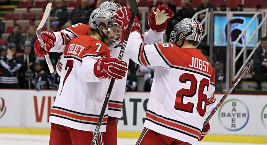 The Buckeyes celebrate their B1G quarterfinal win over the Spartans.