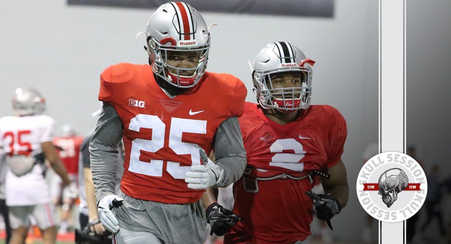 Ohio State running backs Mike Weber and J.K. Dobbins jog to the March 22nd 2017 Skull Session.
