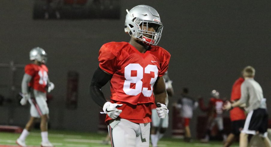 Urban Meyer gives an update on his pecking order at wide receiver at Ohio State nears the midway point of spring practice.
