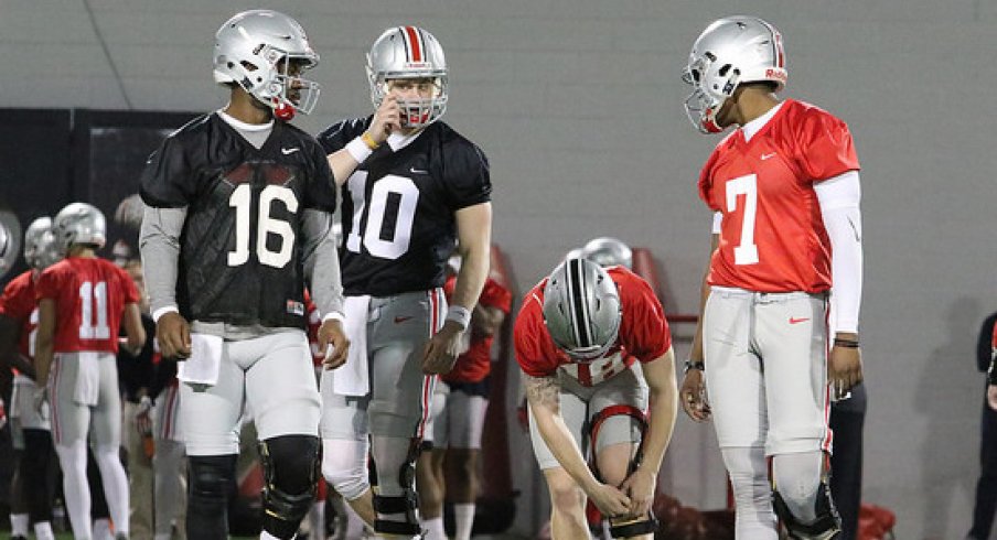 Ohio State quarterbacks J.T. Barrett, Joe Burrow, Tate Martell and Dwayne Haskins