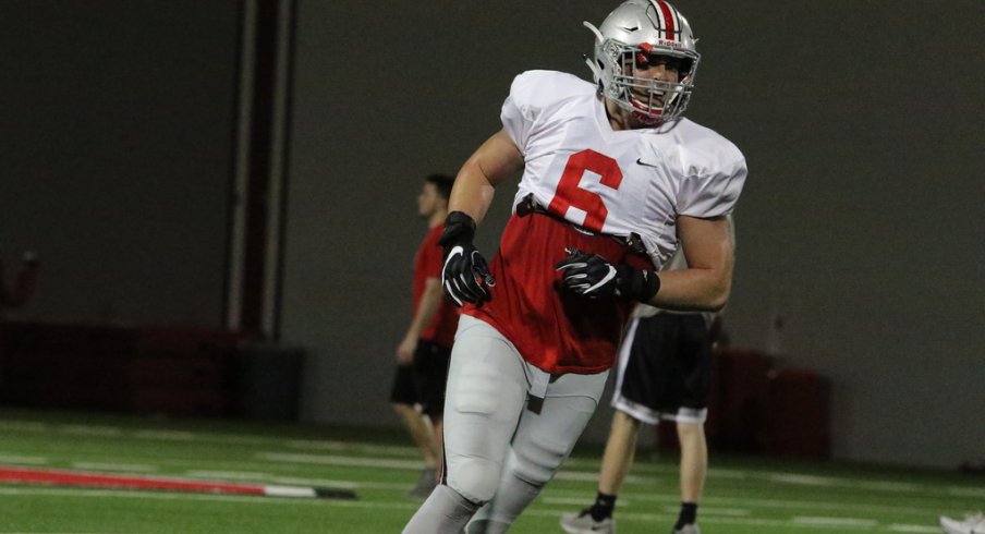 Ohio State's Sam Hubbard has been playing some stand-up LB this spring.
