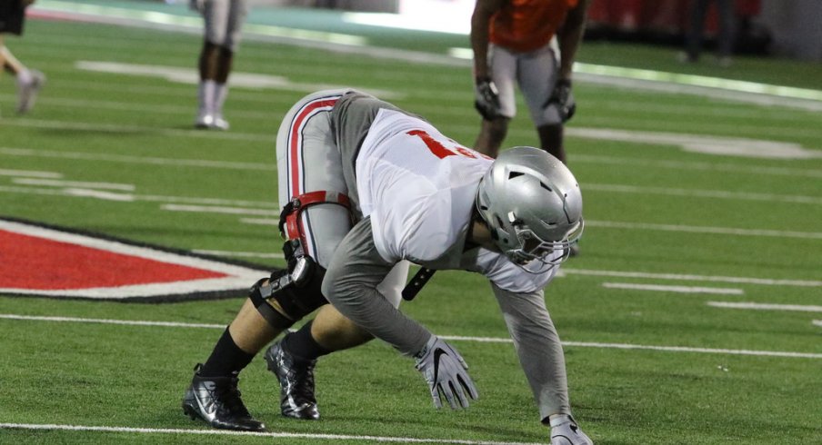 Ohio State DE Nick Bosa lines up during Saturday's practice.