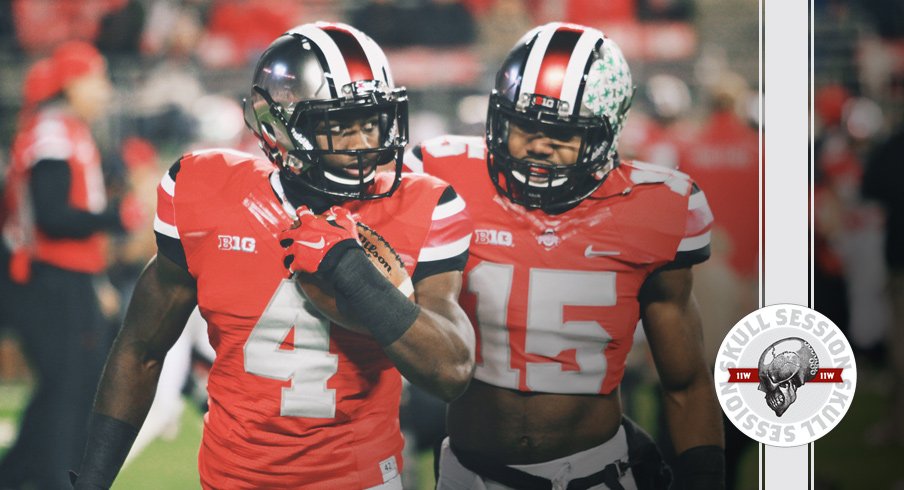 Curtis Samuel and Ezekiel Elliott watch the April 29 2017 Skull Session