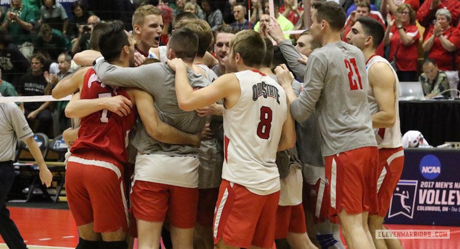 Ohio State celebrates their men's volleyball over Hawai'i in the NCAA semifinals.