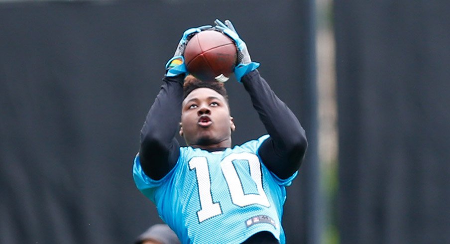 Carolina Panthers rookie wide receiver Curtis Samuel hauls in a pass at rookie training camp.