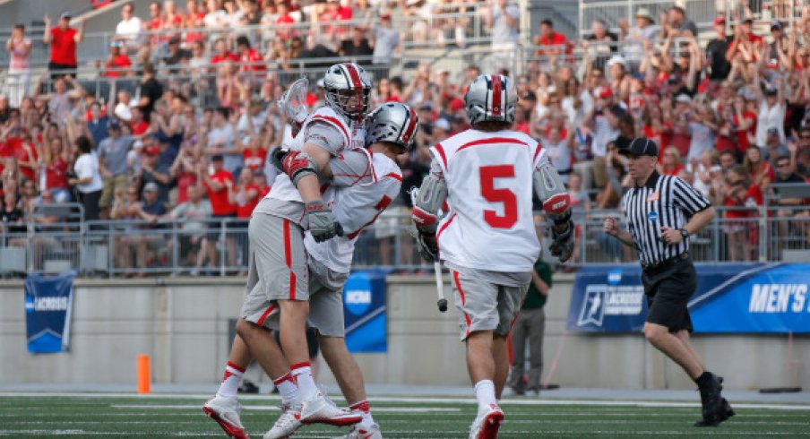 Ohio State men's lacrosse after a win in Ohio Stadium against Loyola Maryland.