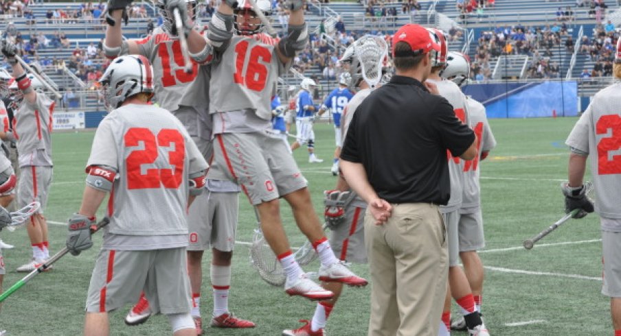 Ohio State men's lacrosse celebrates an NCAA Quarterfinals win over No. 6 Duke. 2017.