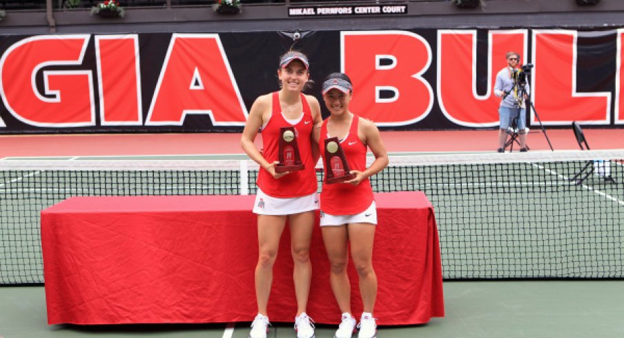 Francesca Di Lorenzo and Miho Kowase after winning the 2017 NCAA Women's Doubles championship.