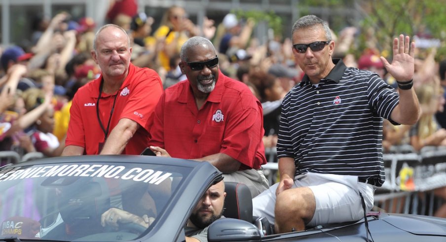 Thad Matta, Gene Smith and Urban Meyer at the Cavs' championship parade. 