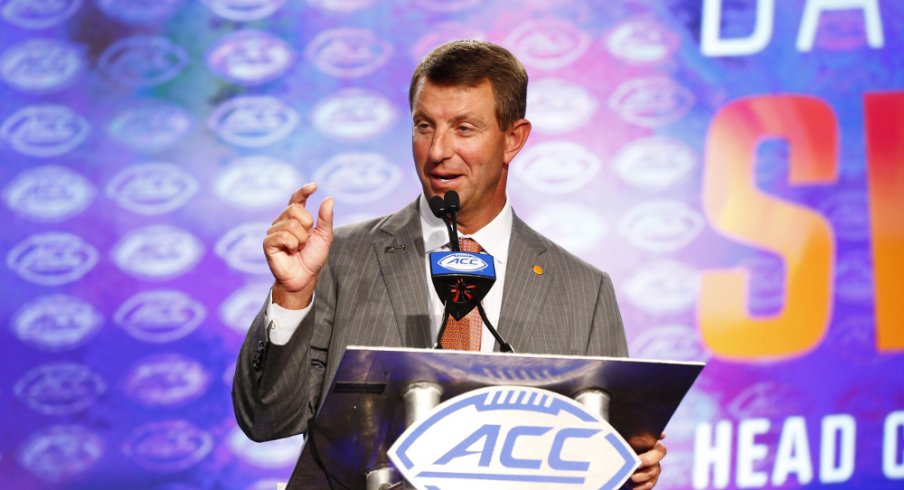 Jul 13, 2017; Charlotte, NC, USA; Clemson Tigers head coach Dabo Swinney speaks to the media during the ACC Kickoff at the Westin Charlotte. Mandatory Credit: Jeremy Brevard-USA TODAY Sports