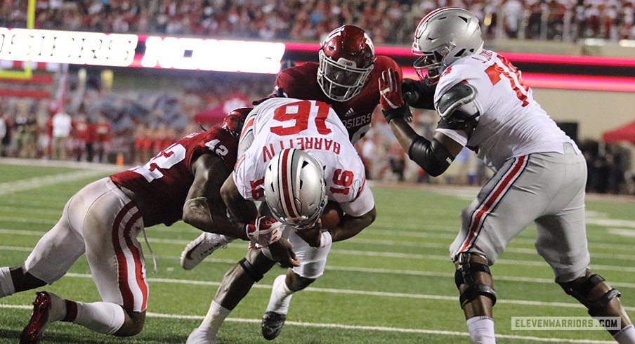 J.T. Barrett rushes for a touchdown against the Indiana Hoosiers in Bloomington