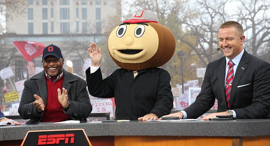 Archie Griffin, Lee Corso and Kirk Herbstreit on the set of College GameDay at Ohio State.