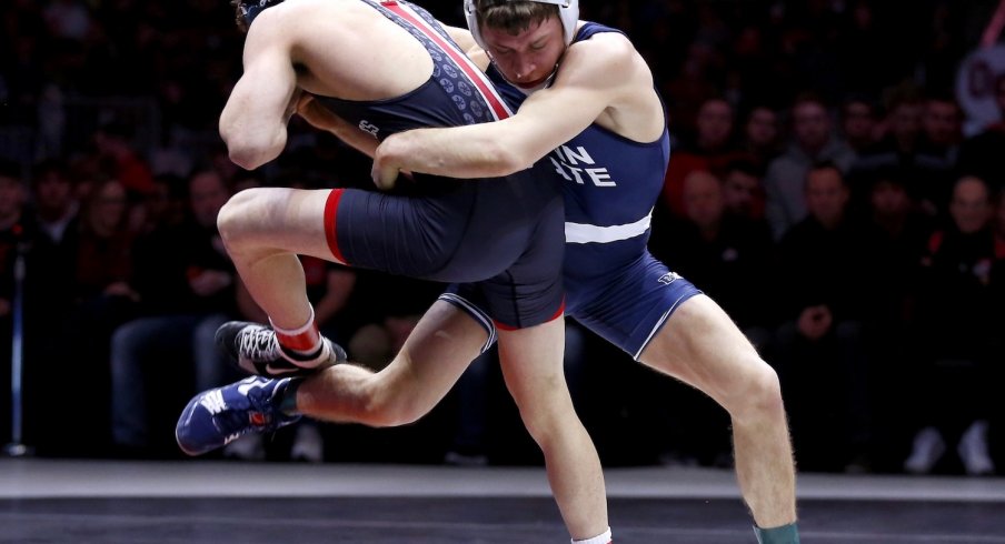 Former Penn State wrestler Nick Suriano tosses former Buckeye Jose Rodriguez at Value City Arena