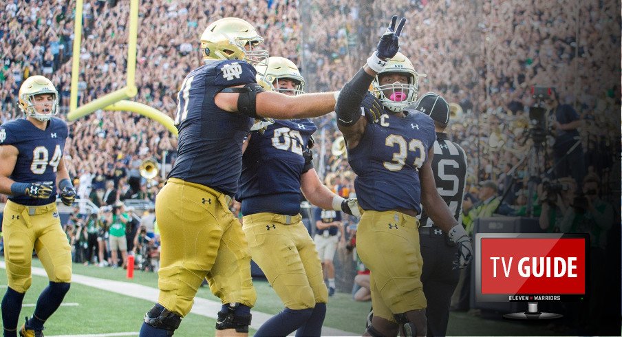 Sep 2, 2017; South Bend, IN, USA; Notre Dame Fighting Irish running back Josh Adams (33) celebrates after a touchdown in the fourth quarter against the Temple Owls at Notre Dame Stadium. Mandatory Credit: Matt Cashore-USA TODAY Sports