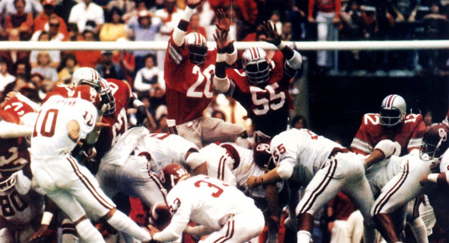 Oklahoma's Uwe von Schamann kicks a game-winning, 41-yard field goal against Ohio State in Columbus, Ohio, in 1977. The kick is one of most historical moments in OU's rich football tradition.