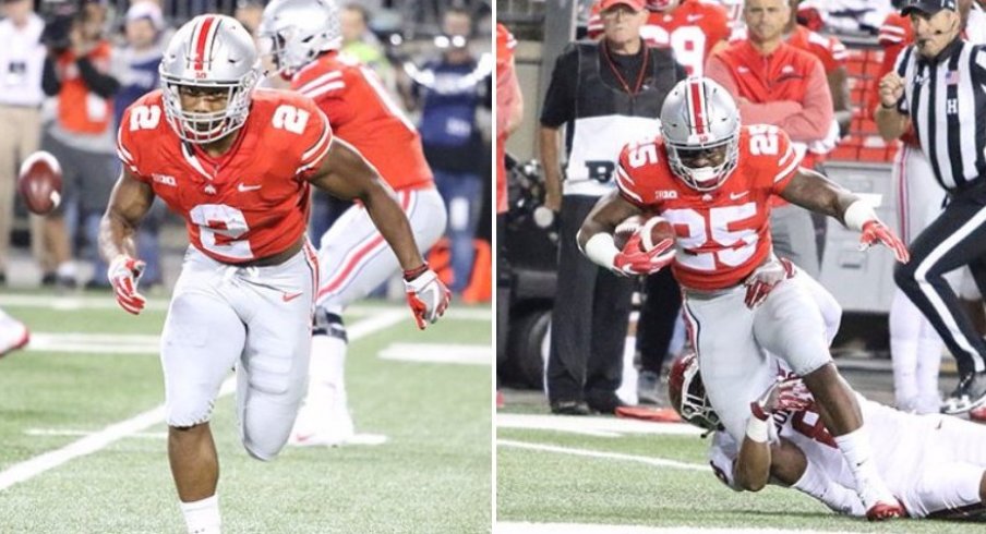J.K. Dobbins and Mike Weber accounted for five carries in the 1st half against Oklahoma. 