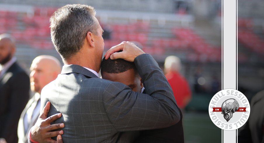 Urban Meyer hugs J.K. Dobbins for the September 14 2017 Skull Session